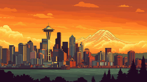 Orange Cityscape and Mountain Mural Wallpaper in Office | Orange and Blue Cityscape