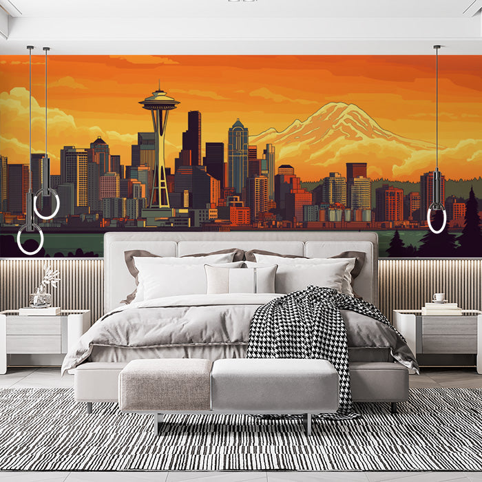 Orange Cityscape and Mountain Mural Wallpaper in Office | Orange and Blue Cityscape