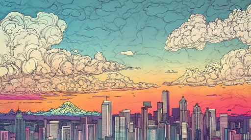 Colorful Cloudy Cityscape Mural Wallpaper in Office | Various Colors (Green, Orange, etc.) of City