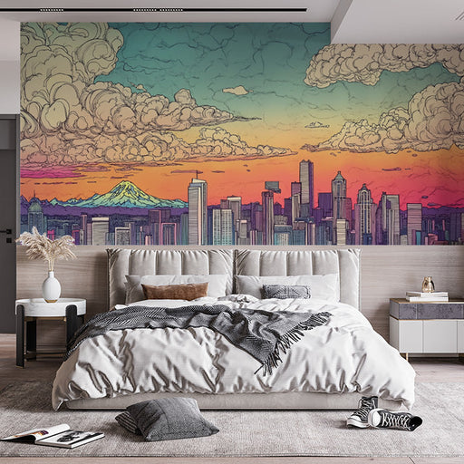 Colorful Cloudy Cityscape Mural Wallpaper in Office | Various Colors (Green, Orange, etc.) of City