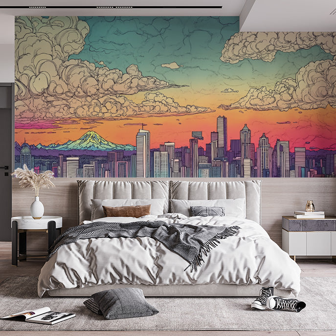 Colorful Cloudy Cityscape Mural Wallpaper in Office | Various Colors (Green, Orange, etc.) of City