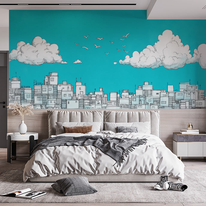 Teal and White Cityscape Mural Wallpaper in Bedroom | Teal and White Cityscape