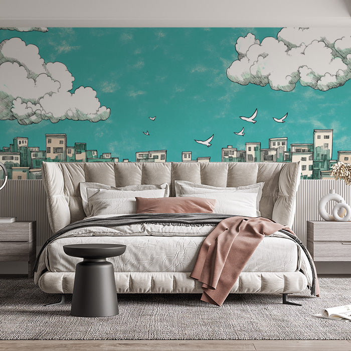 Teal and White Cityscape Mural Wallpaper in Bedroom | Teal and White Cityscape