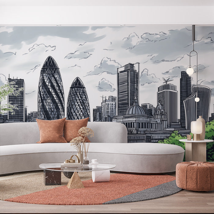 Black and White London Cityscape Mural Wallpaper in Office | Black and White London Cityscape