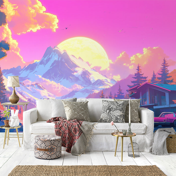 Pink and Purple Mountain Sunset Mural Wallpaper in Living Room | Pink and Purple Mountain Sunset