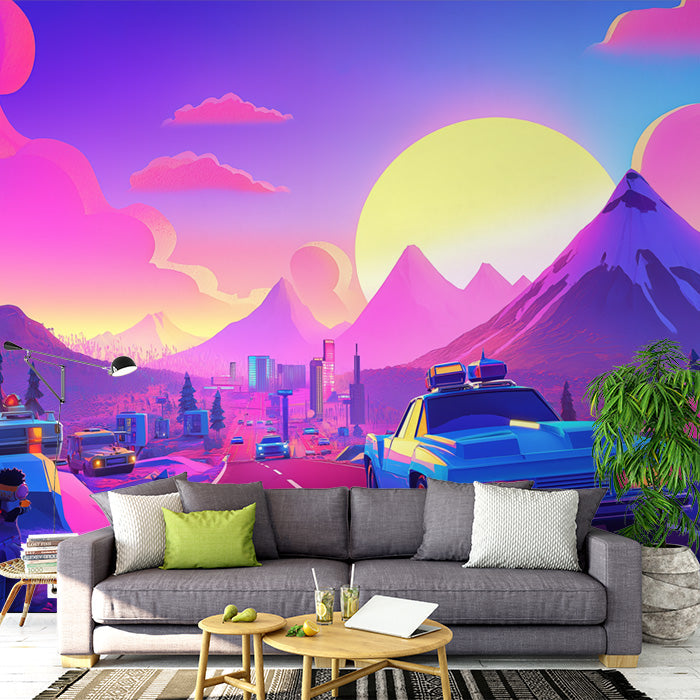 Pink and Purple Mountain Sunset Mural Wallpaper in Living Room | Pink and Purple Mountain Sunset