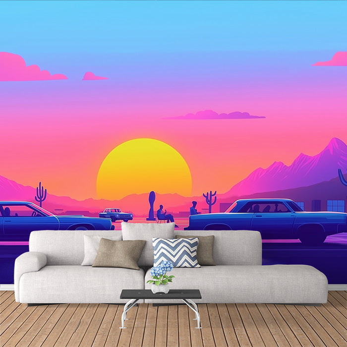 Orange Desert Sunset Mural Wallpaper in Bedroom | Various Colors (Orange, Purple, etc.) of Desert Sunset
