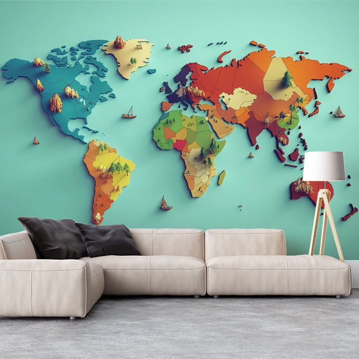 3D World Map Mural Wallpaper in Office | Various Colors (Blue, Orange, etc.) of World Map