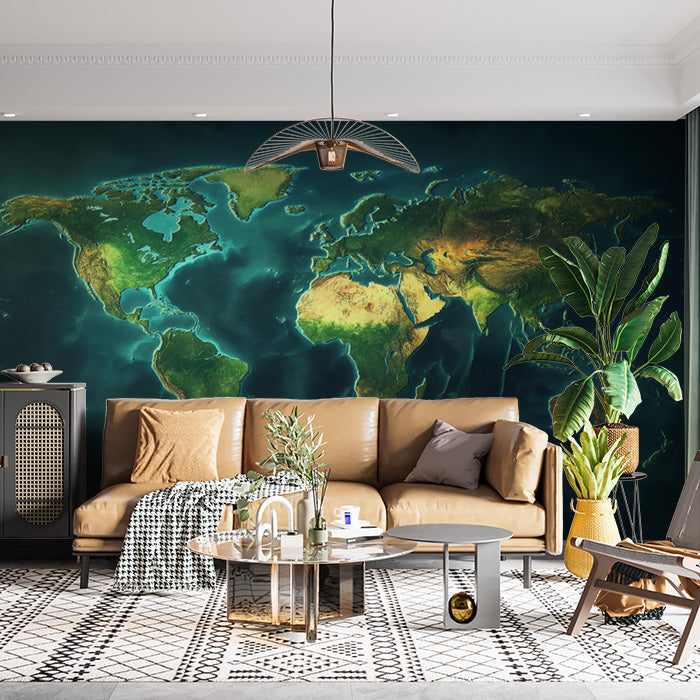 3D World Map Mural Wallpaper in Office | Various Colors (Blue, Orange, etc.) of World Map