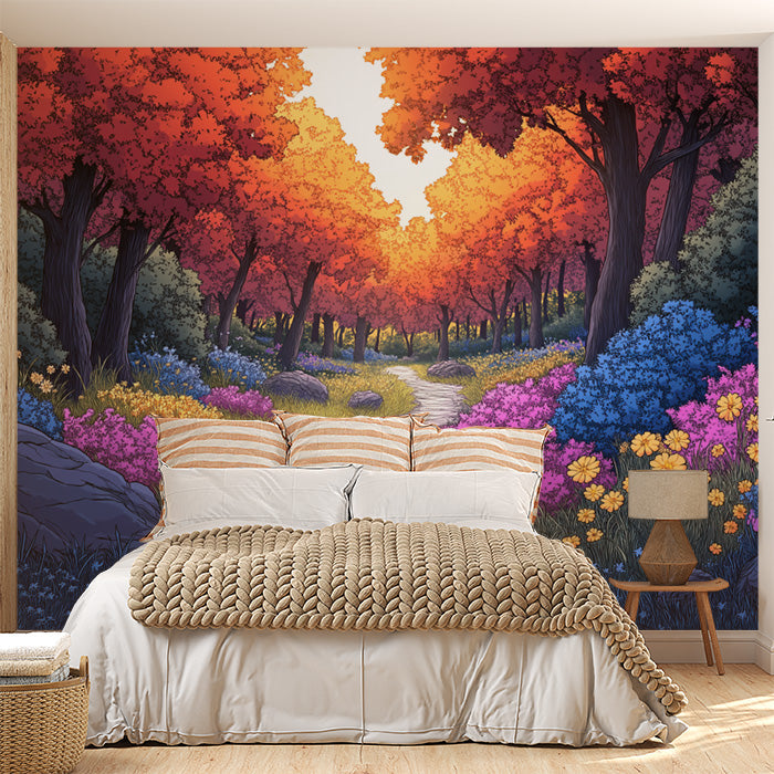 Autumn Forest Mural Wallpaper in Bedroom | Various Colors (Red, Orange, Blue, etc.) of Autumn Forest