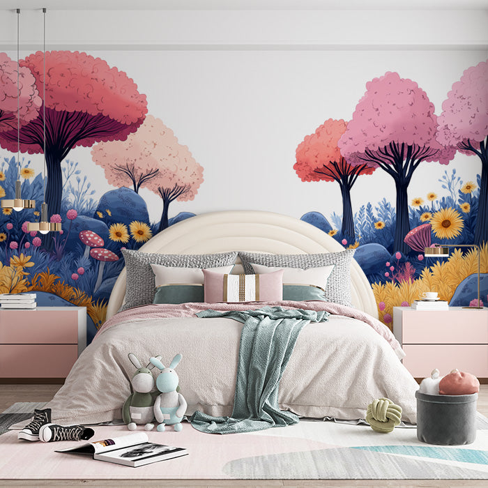 Pink and Blue Forest Mural Wallpaper in Bedroom | Various Colors (Pink, Blue, Yellow, etc.) of Forest