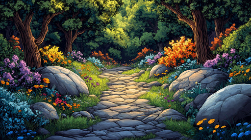 Vibrant Forest Path Mural Wallpaper in Bedroom | Various Colors (Green, Orange, Purple, etc.) of Vibrant Forest