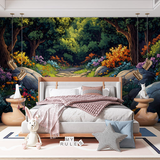 Vibrant Forest Path Mural Wallpaper in Bedroom | Various Colors (Green, Orange, Purple, etc.) of Vibrant Forest