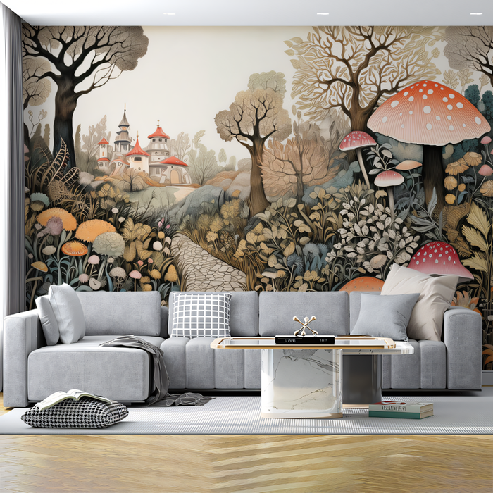 Märchenwald Wandbild Tapete im Wohnzimmer | Verschiedene Farben (Braun, Grün usw.) des Märchenwaldes