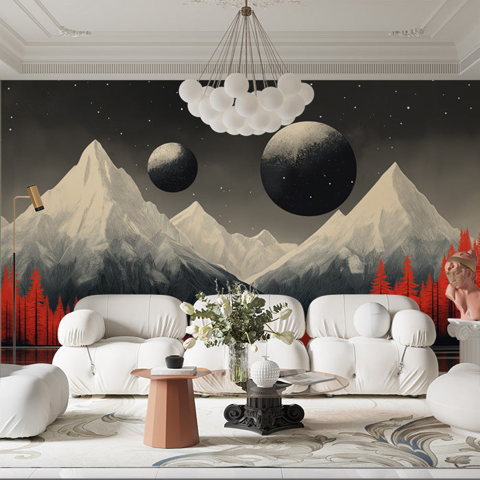 Mountain and Planets Mural Wallpaper in Living Room | Black, White, Red Mountain and Planets