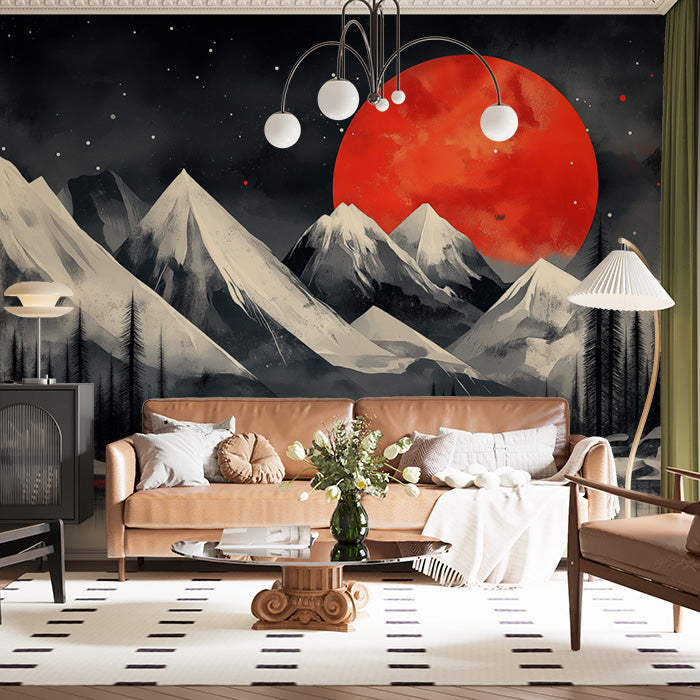 Mountain and Red Moon Mural Wallpaper in Living Room | Black, White, Red Moon and Mountain