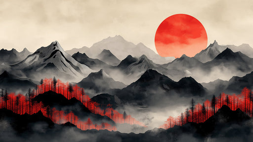 Mountain and Red Moon Mural Wallpaper in Living Room | Black, White, Red Moon and Mountain
