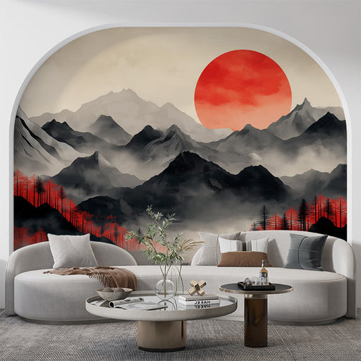 Mountain and Red Moon Mural Wallpaper in Living Room | Black, White, Red Moon and Mountain