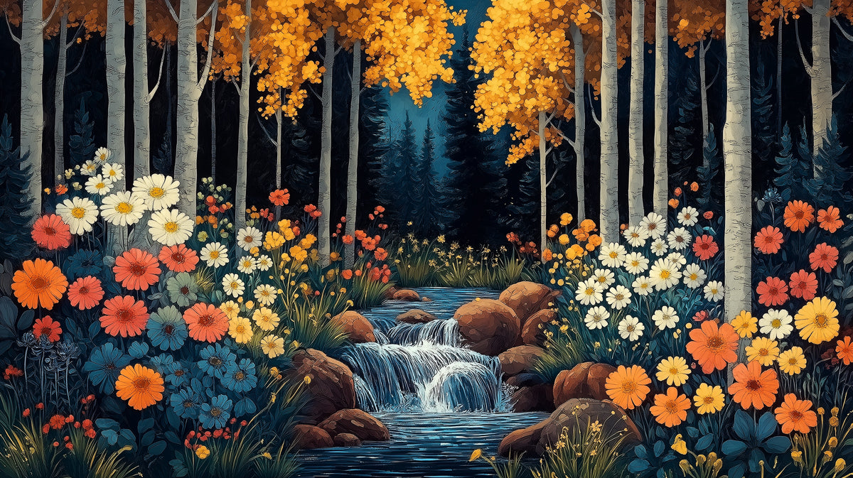 Autumn Forest and Stream Mural Wallpaper in Living Room | Various Colors (Yellow, Orange, Blue, etc.) of Autumn Forest and Stream