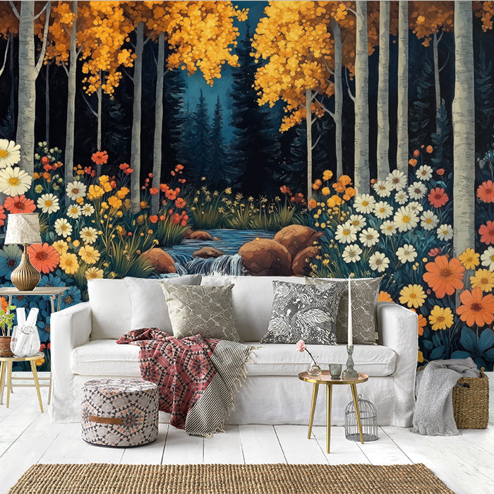 Autumn Forest and Stream Mural Wallpaper in Living Room | Various Colors (Yellow, Orange, Blue, etc.) of Autumn Forest and Stream