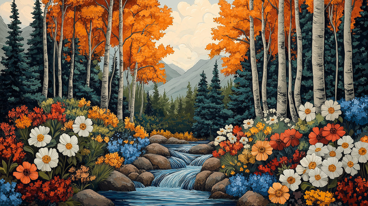 Autumn Forest and Stream Mural Wallpaper in Living Room | Various Colors (Yellow, Orange, Blue, etc.) of Autumn Forest and Stream