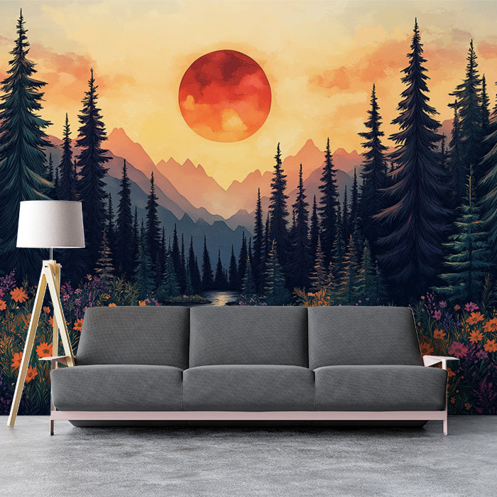 Forest and Sunset Mural Wallpaper in Living Room | Various Colors (Orange, Green, etc.) of Forest and Sunset