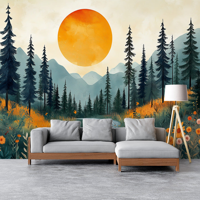 Forest and Sunset Mural Wallpaper in Living Room | Various Colors (Orange, Green, etc.) of Forest and Sunset