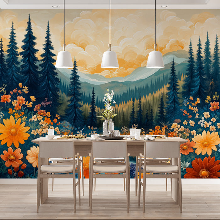 Forest and Mountains Mural Wallpaper in Dining Room | Various Colors (Orange, Blue, etc.) of Forest and Mountains