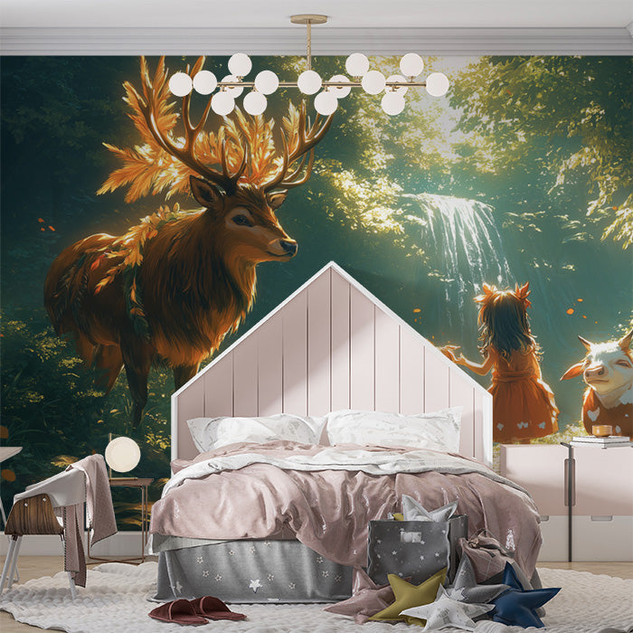 Deer and Girl in Forest Mural Wallpaper in Bedroom | Various Colors (Green, Brown, etc.) of Deer and Girl