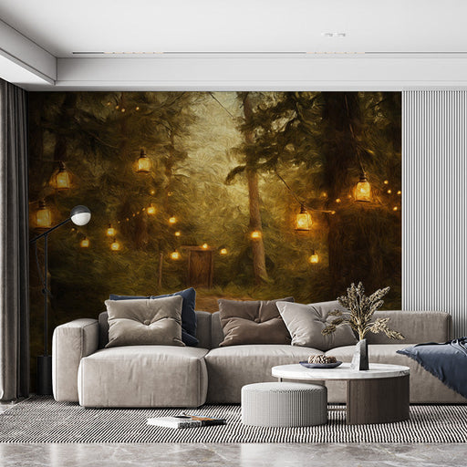 Forest with Lanterns Mural Wallpaper in Living Room | Various Colors (Brown, Yellow, etc.)