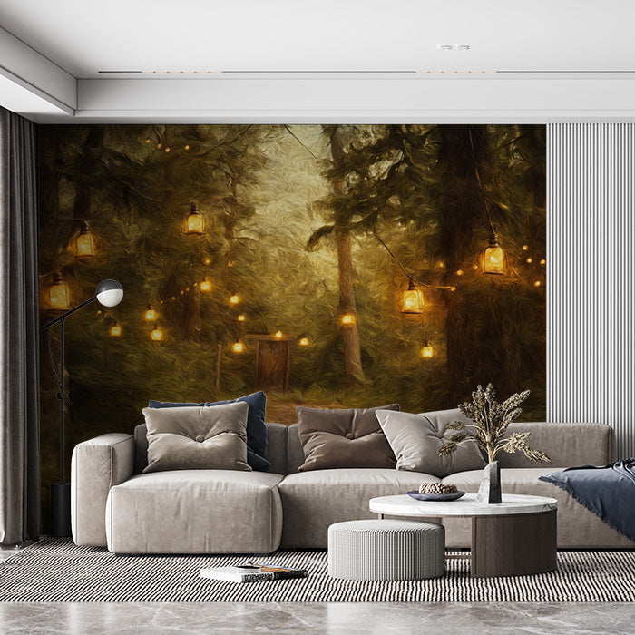 Forest with Lanterns Mural Wallpaper in Living Room | Various Colors (Brown, Yellow, etc.)