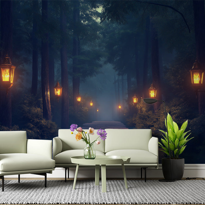 Mystic Forest with Lanterns Mural Wallpaper in Living Room | Dark Blue, Yellow Mystic Forest
