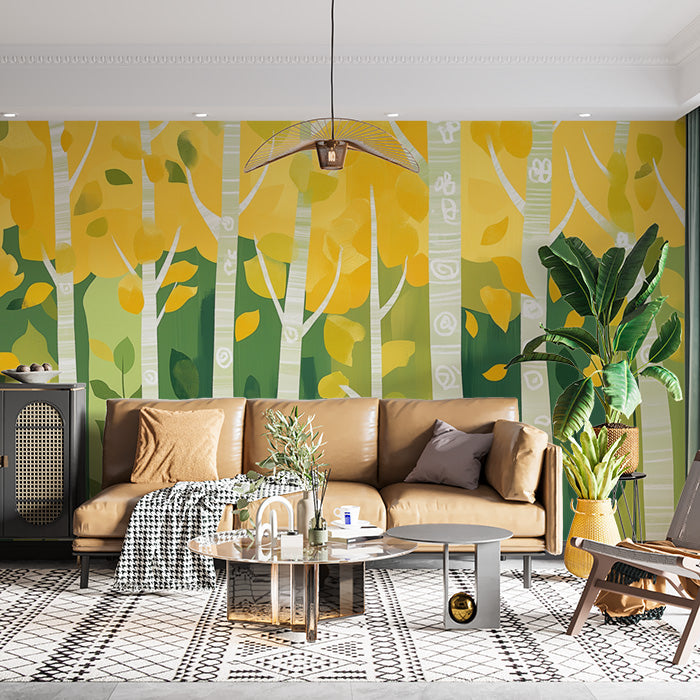 Abstract Yellow and Green Tree Mural Wallpaper in Living Room | Yellow, Green Trees