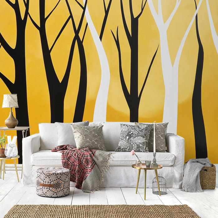 Black and Yellow Tree Mural Wallpaper in Living Room | Black, Yellow Trees