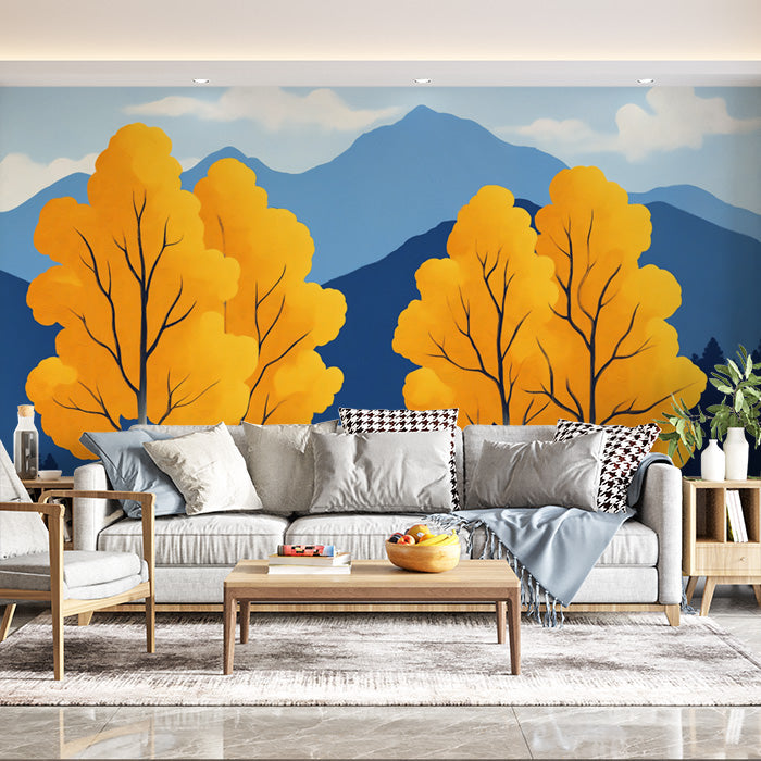 Blue and Yellow Tree Mural Wallpaper in Living Room | Blue, Yellow Trees