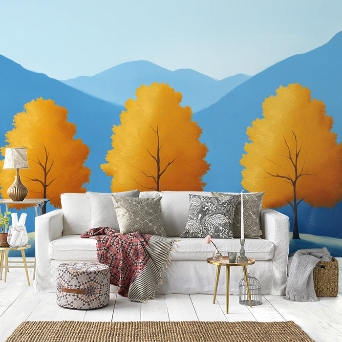 Blue and Yellow Tree Mural Wallpaper in Living Room | Blue, Yellow Trees