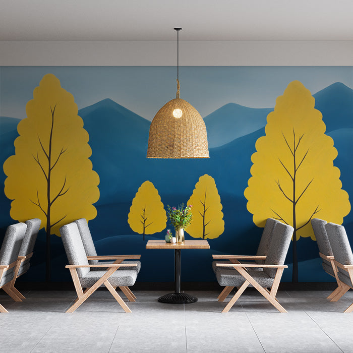 Blue and Yellow Tree Mural Wallpaper in Living Room | Blue, Yellow Trees