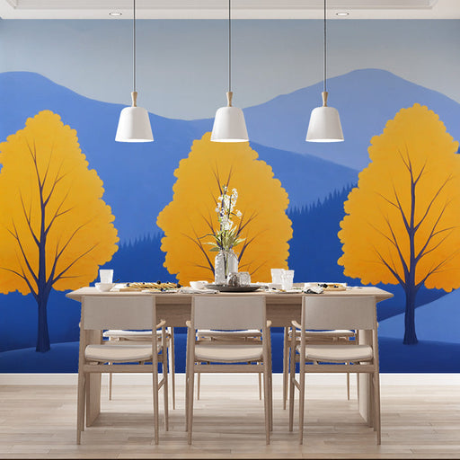 Blue and Yellow Tree Mural Wallpaper in Living Room | Blue, Yellow Trees