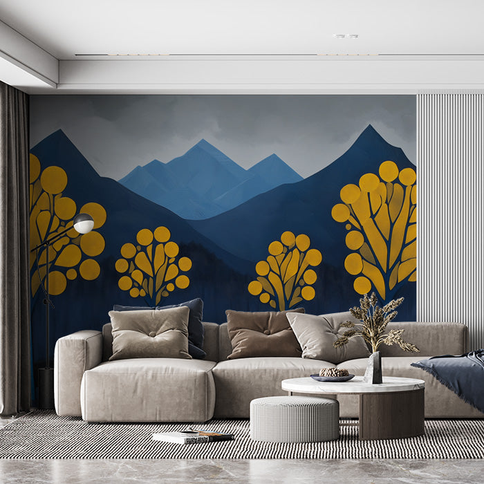 Dark Blue and Yellow Tree Mural Wallpaper in Living Room | Dark Blue, Yellow Trees