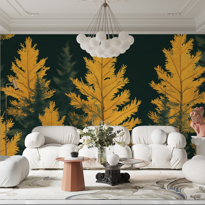 Green and Yellow Pine Tree Mural Wallpaper in Living Room | Green, Yellow Pine Trees