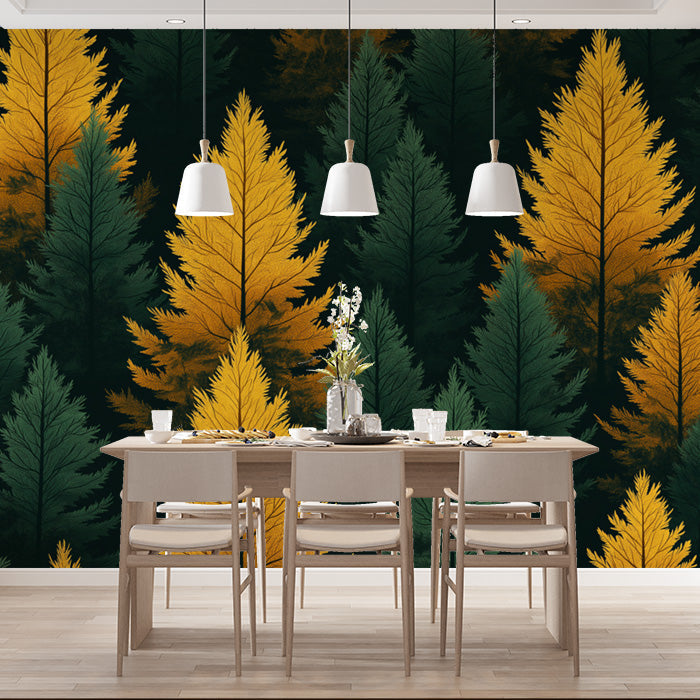 Green and Yellow Pine Tree Mural Wallpaper in Living Room | Green, Yellow Pine Trees