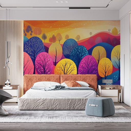 Colorful Tree Mural Wallpaper in Bedroom | Various Colors (Pink, Blue, Yellow, etc.) Trees