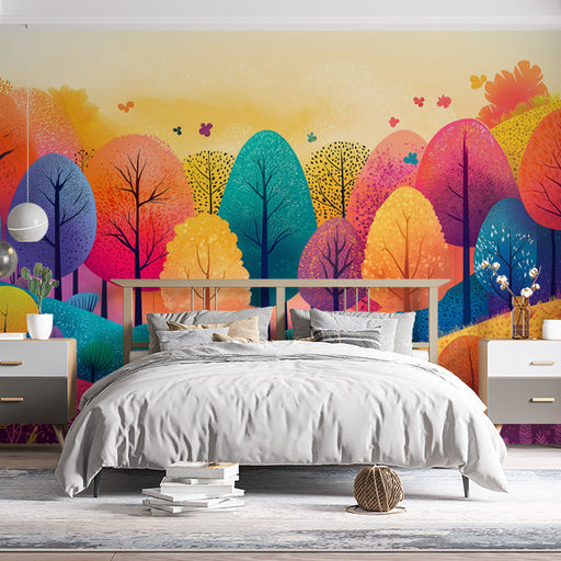 Colorful Tree Mural Wallpaper in Bedroom | Various Colors (Pink, Blue, Yellow, etc.) Trees