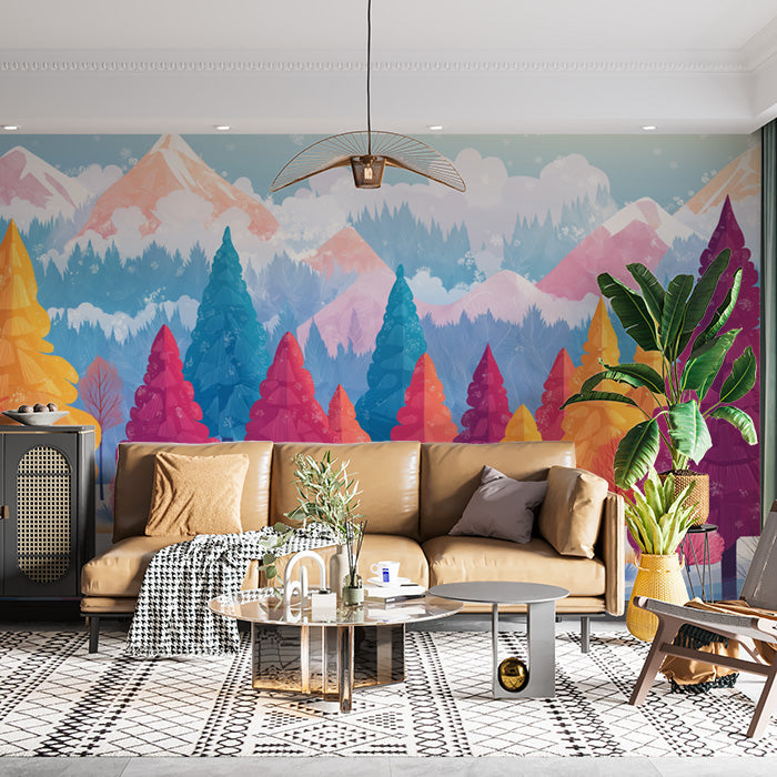 Colorful Mountain Forest Mural Wallpaper in Living Room | Various Colors (Blue, Pink, etc.) of Colorful Mountains