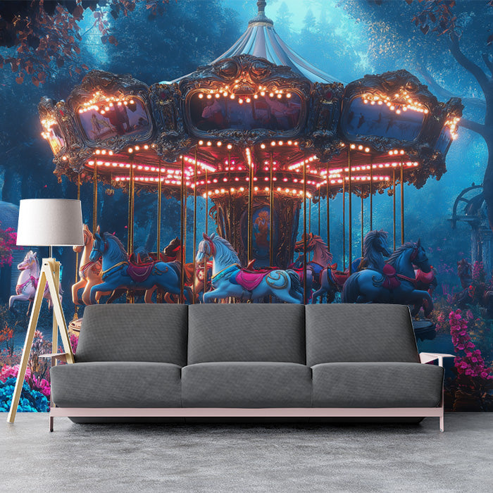 Carousel in Forest Mural Wallpaper in Living Room | Various Colors (Blue, Pink, etc.) of Carousel in Forest