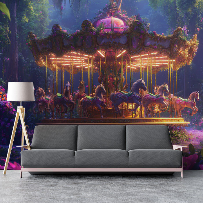 Carousel in Forest Mural Wallpaper in Living Room | Various Colors (Blue, Pink, etc.) of Carousel in Forest