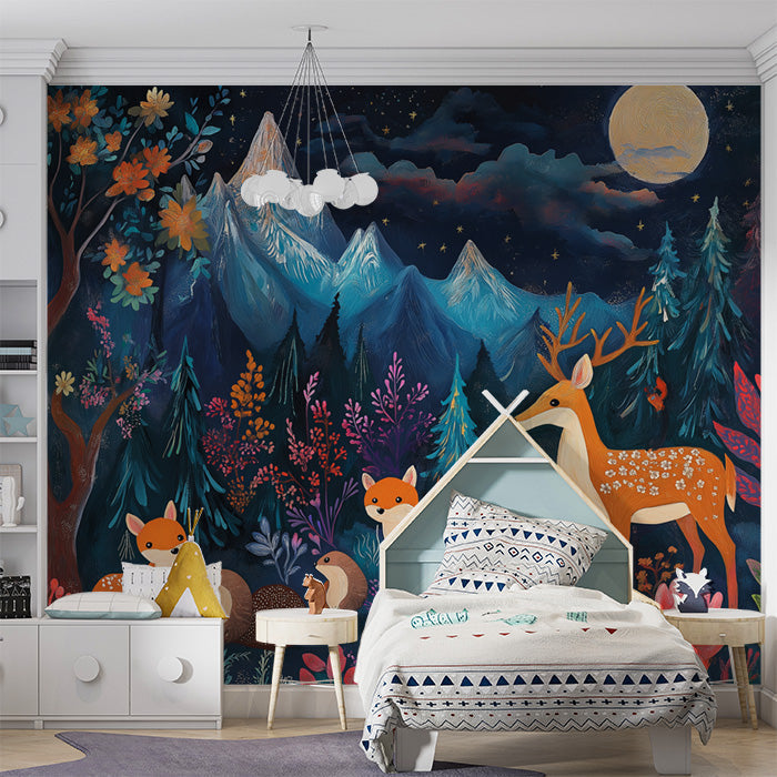Night Forest and Animals Mural Wallpaper in Bedroom | Various Colors (Blue, Purple, etc.) of Night Forest and Animals