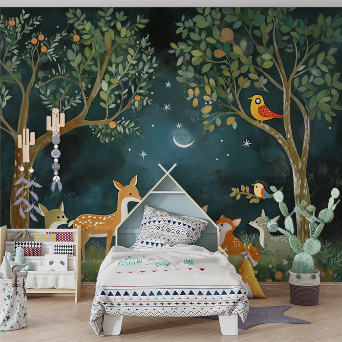 Forest and Animals Mural Wallpaper in Nursery | Various Colors (Green, Brown, etc.) of Forest and Animals