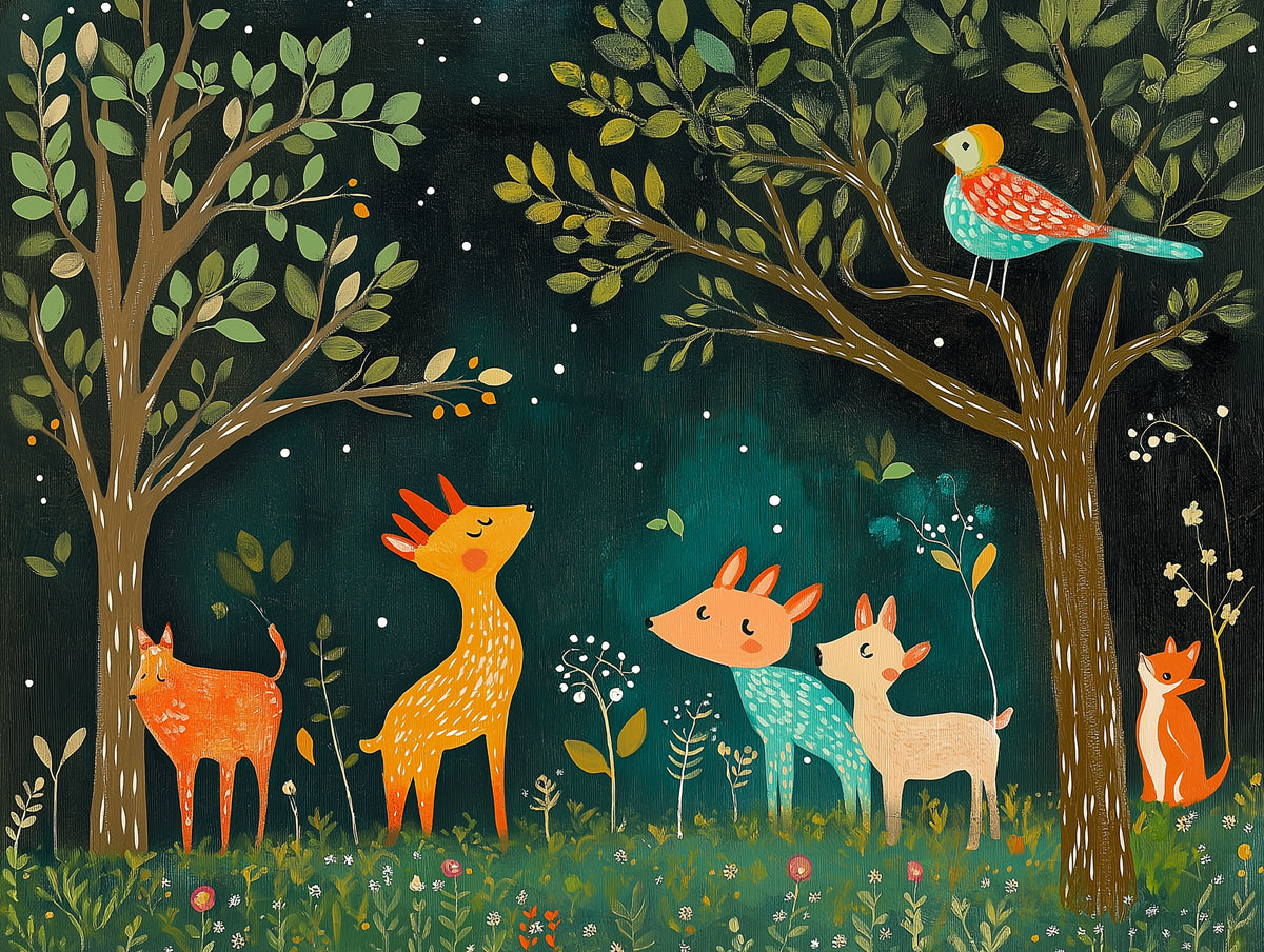 Forest and Animals Mural Wallpaper in Nursery | Various Colors (Green, Brown, etc.) of Forest and Animals