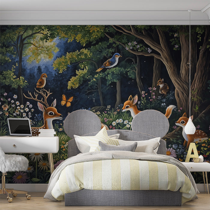 Forest with Animals Mural Wallpaper in Bedroom | Various Colors (Green, Blue, etc.) of Forest with Animals